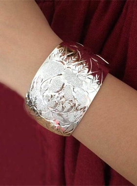 【幂琳】纯银牡丹花手镯999足银镯子女开口超宽面韩版时尚简约莲
