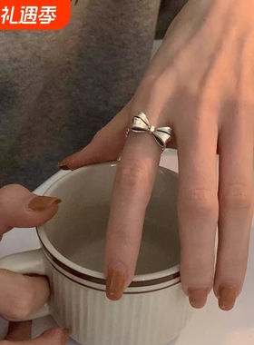 小众设计不规则褶皱蝴蝶结开口可调节戒指个性银色冷淡风食指指环