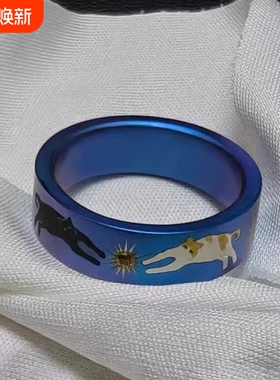 vintager中古【双猫摘星】宽面炫彩蓝戒指星芒食指戒小众设计感