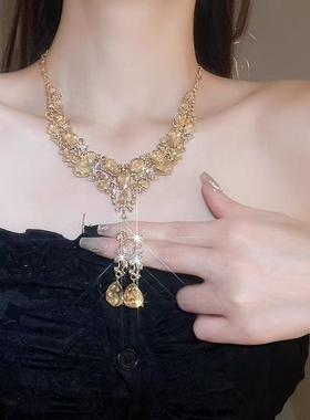 两件套金色闪钻水滴项链女新款脖颈链新娘首饰晚礼服锁骨配饰品