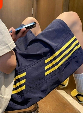 冰丝短裤潮牌夏季薄款宽松条纹速干美式运动休闲五分裤中裤白色
