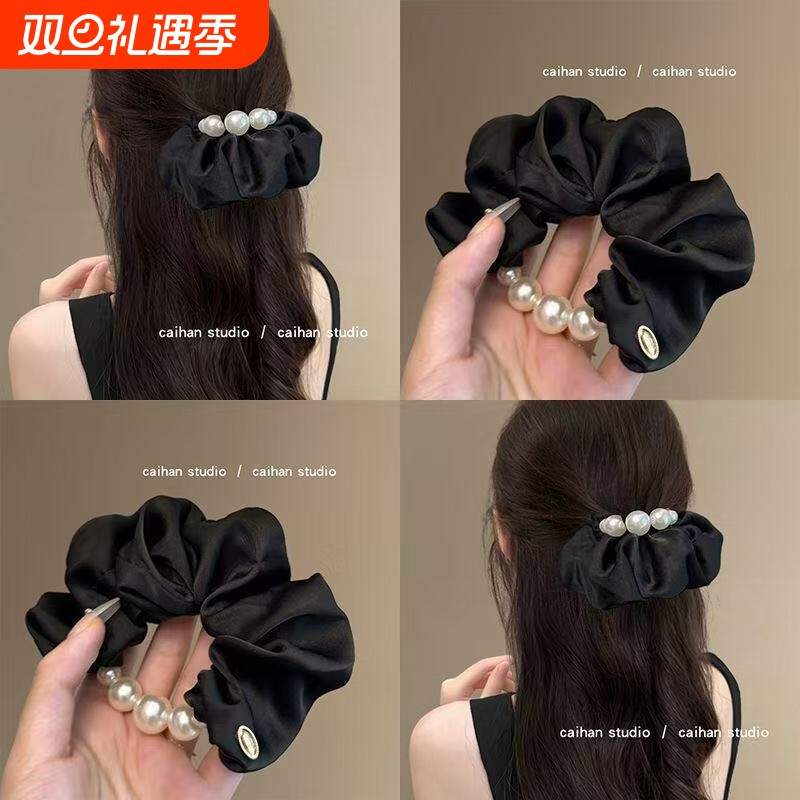 小香风红色丝绒珍珠大肠发圈女高级感盘发发绳秋冬新款头绳发饰