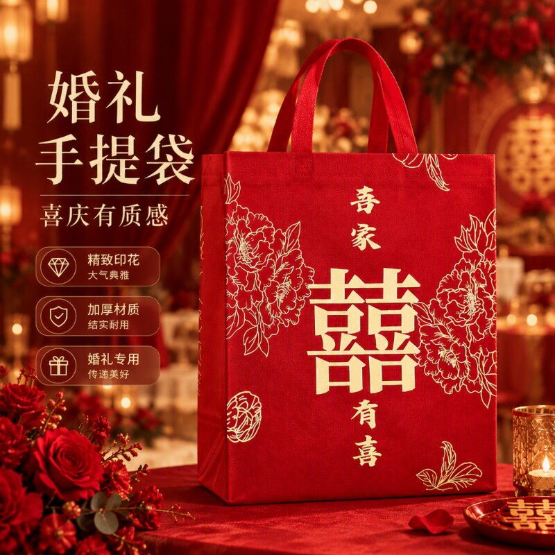 红色结婚手提袋礼袋专用婚礼喜糖袋子订婚大号婚庆礼品加厚无纺布