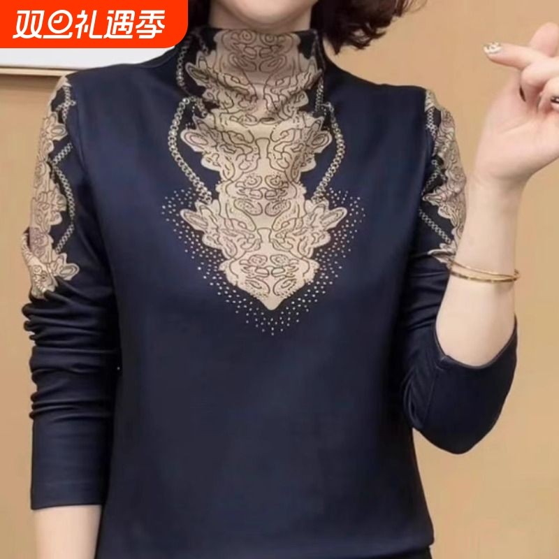 春秋新款长袖打底衫女洋气中年妈妈装半高领德绒保暖内衣红色印花