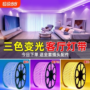 三色变光家用灯带led灯条变色220V户外防水rgb超亮灯客厅吊顶白光