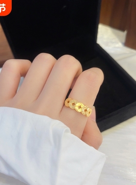 s925纯银五帝币钱多多戒指女车花爆闪碎碎冰指环精致新中式