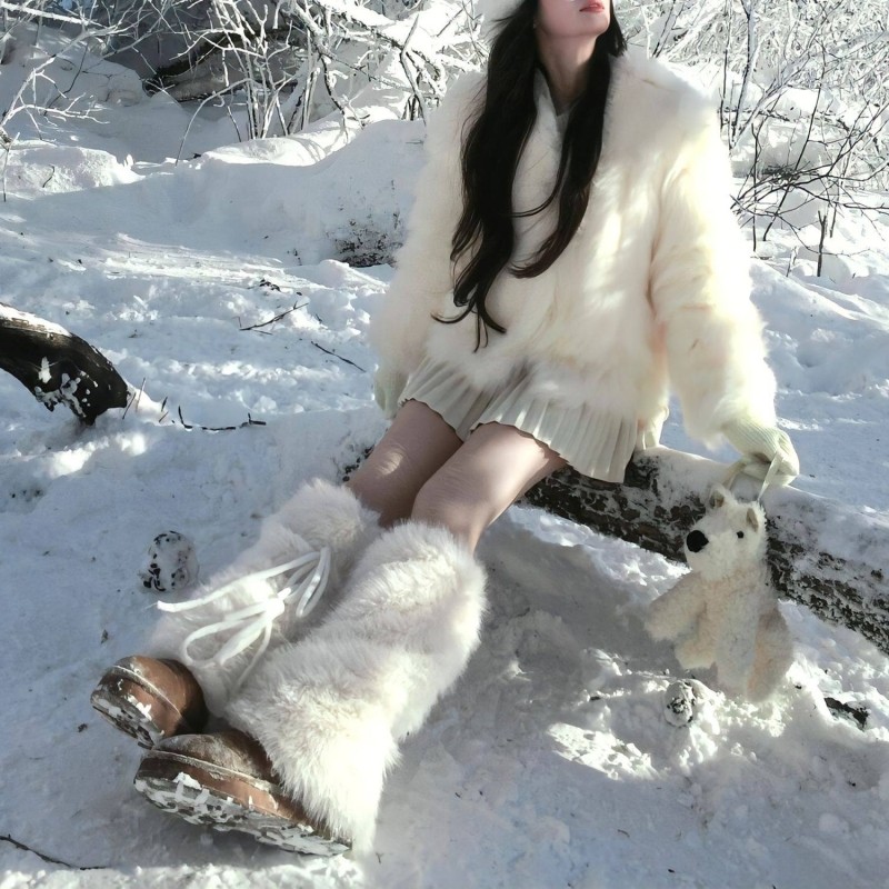 亚比风辣妹y2k白色毛毛袜套亚文化加厚保暖蝴蝶结绑带毛绒腿套袜