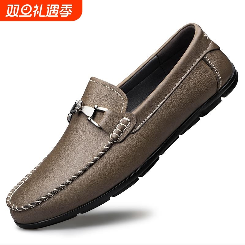 男鞋秋季英伦休闲皮鞋男真皮软底软皮一脚蹬懒人豆豆鞋中年爸爸鞋