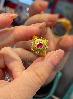 复古鎏金花丝海棠花戒指
