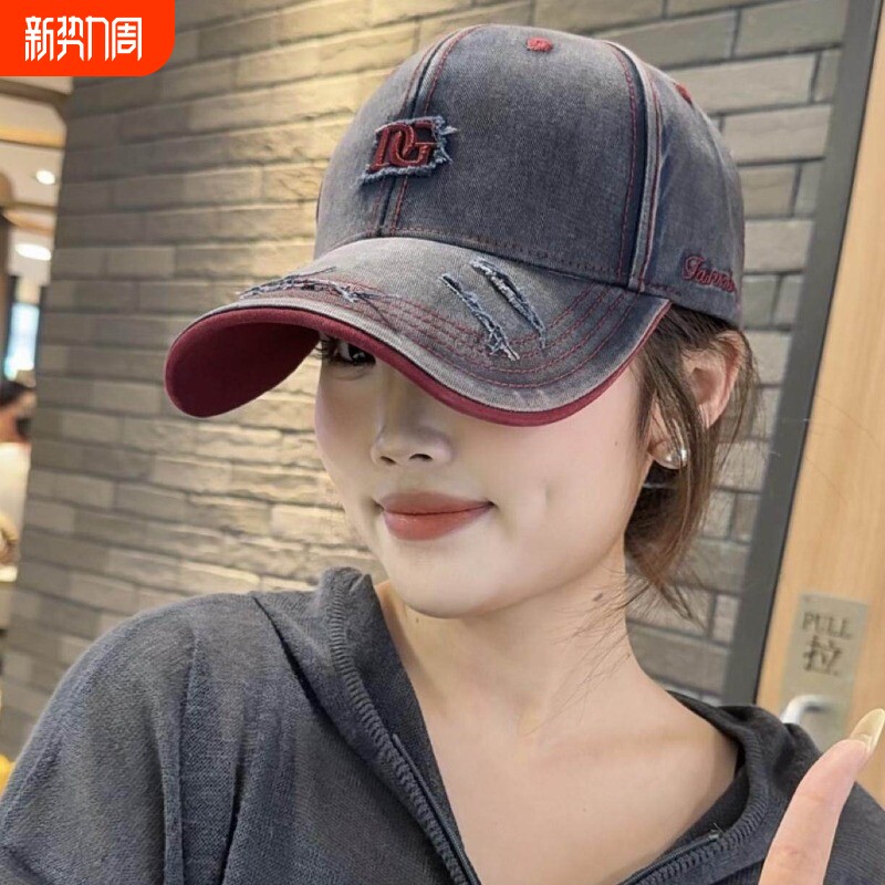 美式复古硬顶帽子女士春秋新款街头棒球帽男字母破洞鸭舌帽显脸小