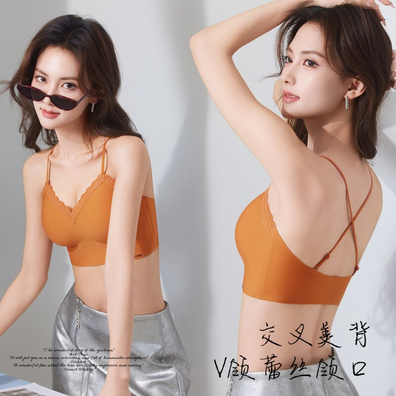 加厚固定杯垫小胸显大果冻胶无痕交叉吊带冰丝美背裹胸抹胸内衣