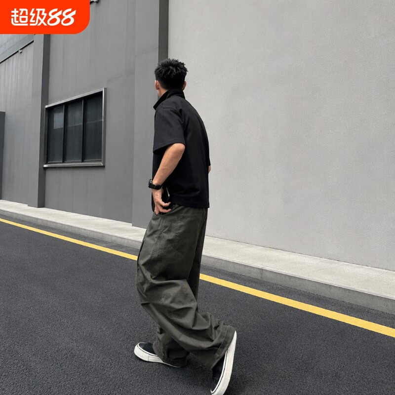 美式复古军绿色弯刀工装裤男款秋季水洗纯棉裤子阔腿直筒休闲长裤