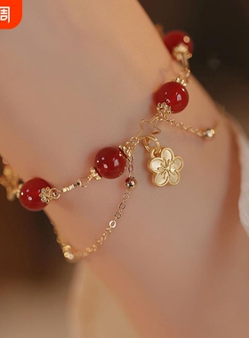 天然红玛瑙双层手链女新中式桃花红色本命年国学手串国潮精致礼物