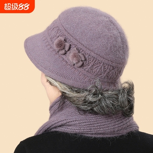 中年妈妈帽子女冬季加绒保暖毛线帽中老年人奶奶老人棉帽围巾防寒