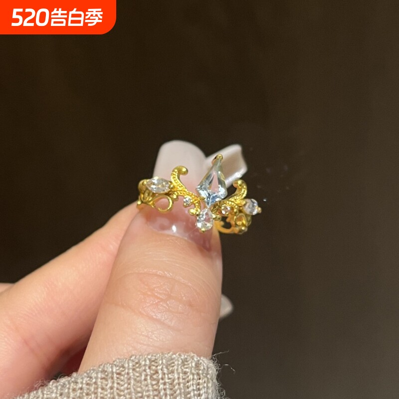 蓝眼泪戒指中古蓝色闪钻辛德瑞拉戒指复古vintage宫廷风开口食