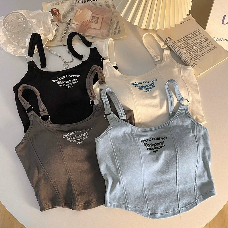美式复古辣妹U领吊带背心女2025夏季外穿修身显瘦纯欲打底上衣ins