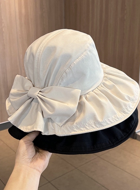 遮阳显脸小渔夫帽女春夏女款盆帽蝴蝶结ins防晒太阳帽子粉色黑色