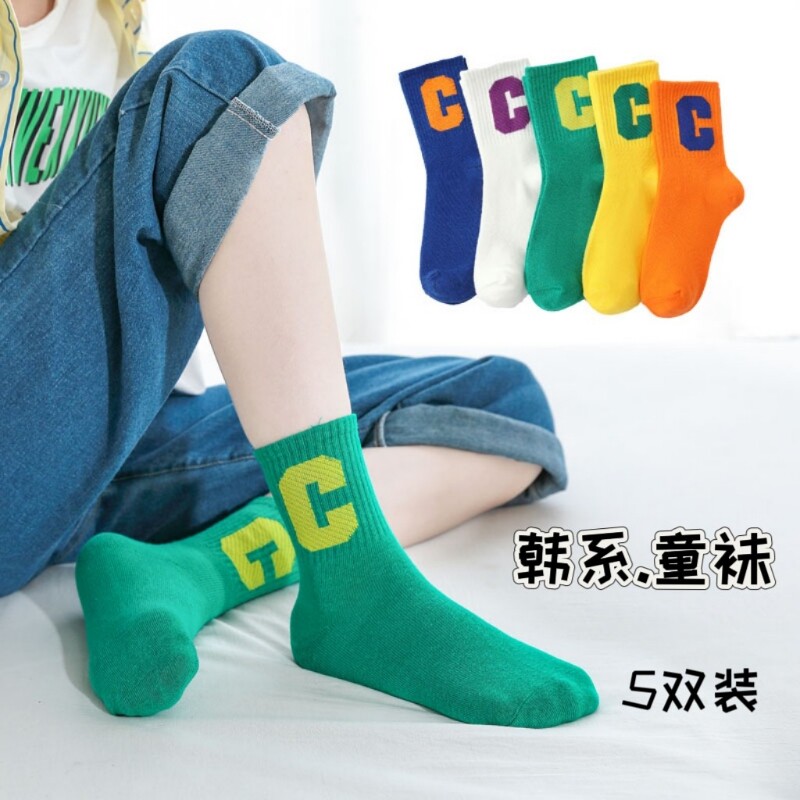 男童儿童袜子网眼夏款韩版大C字母男孩女童春夏学生中筒潮袜薄款