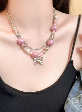 糖果色双层蝴蝶串珠项链女ins甜酷风网红辣妹配饰网红闺蜜锁骨链