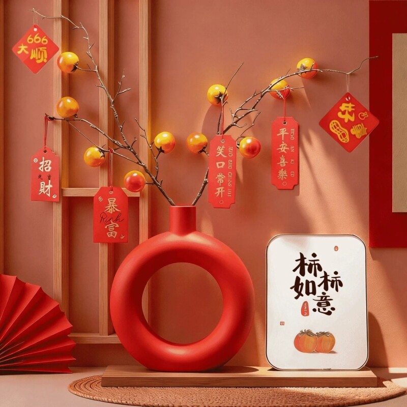 柿子柿柿如意摆件新款花瓶旺宅装饰假花电视柜玄关桌面博古架卧室