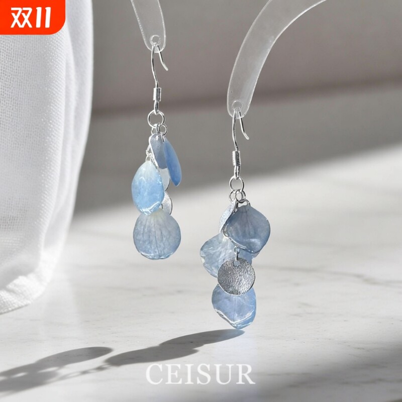 法式冷淡系极简渐变蓝色系干花贝壳耳钩高级感百搭设计感耳环女