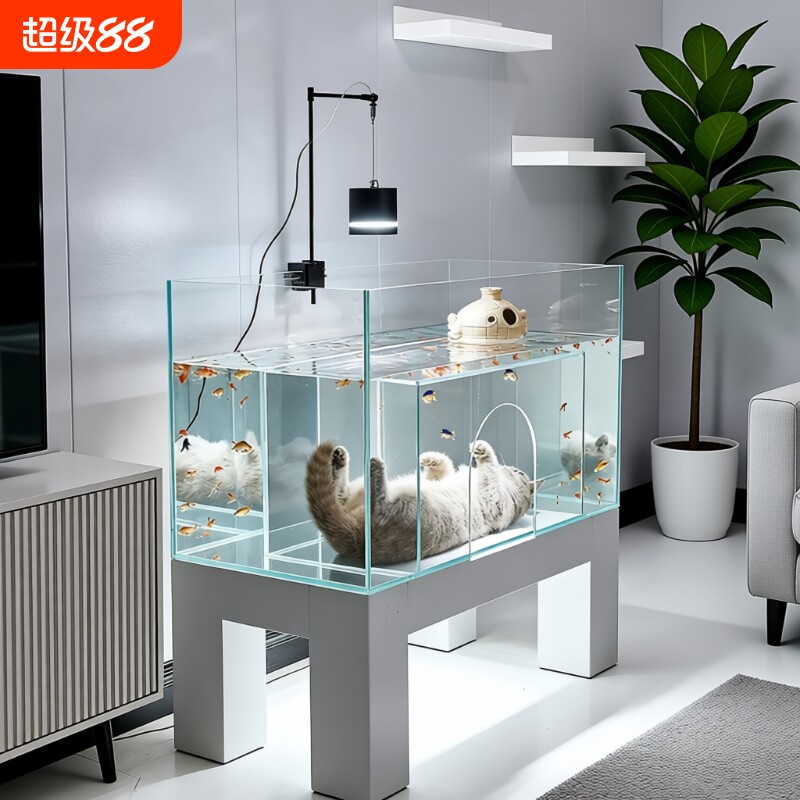 鱼缸猫窝鱼缸一体猫咪海景房观赏鱼缸猫咪住进鱼缸家用小型超白缸