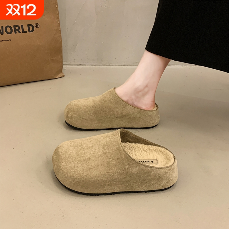 厚底增高加绒勃肯鞋毛毛包头半拖鞋女外穿2025秋冬新款博肯棉拖鞋