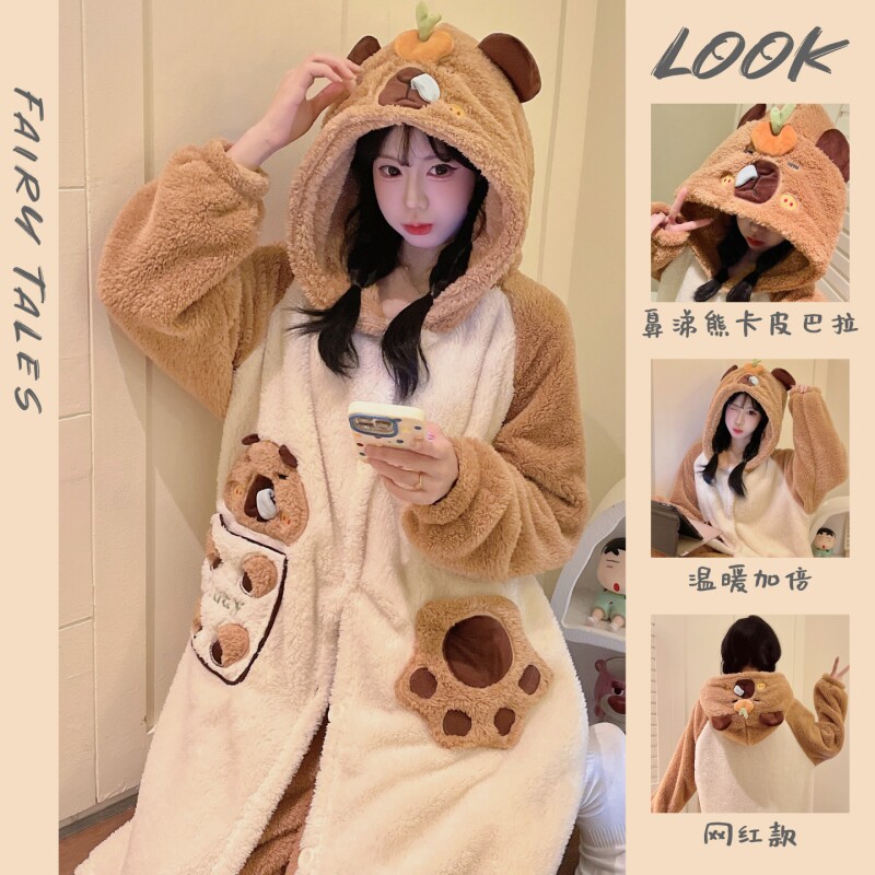 秋冬季珊瑚绒睡衣卡通睡袍套装卡皮巴拉女士加绒加厚家居服