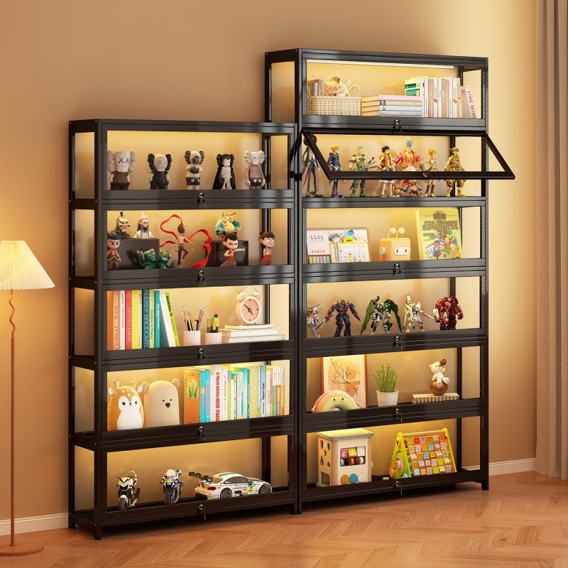 手办展示柜带灯带锁透明防尘柜子收纳亚克力多层落地玩具书籍缝隙