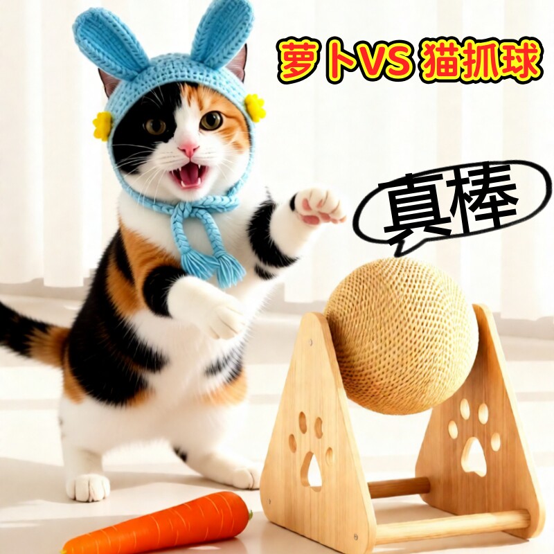 剑麻立式球类不掉屑新款自嗨玩具实木球笼猫抓球猫咪用品自嗨玩具