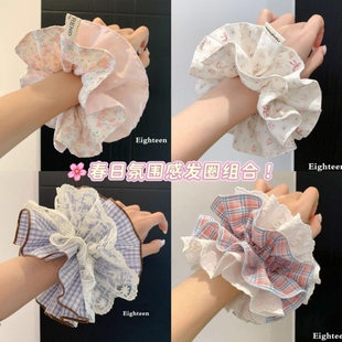 韩系蕾丝格子四层大肠丸子马尾发圈发饰超大头绳发绳蝴蝶结双层