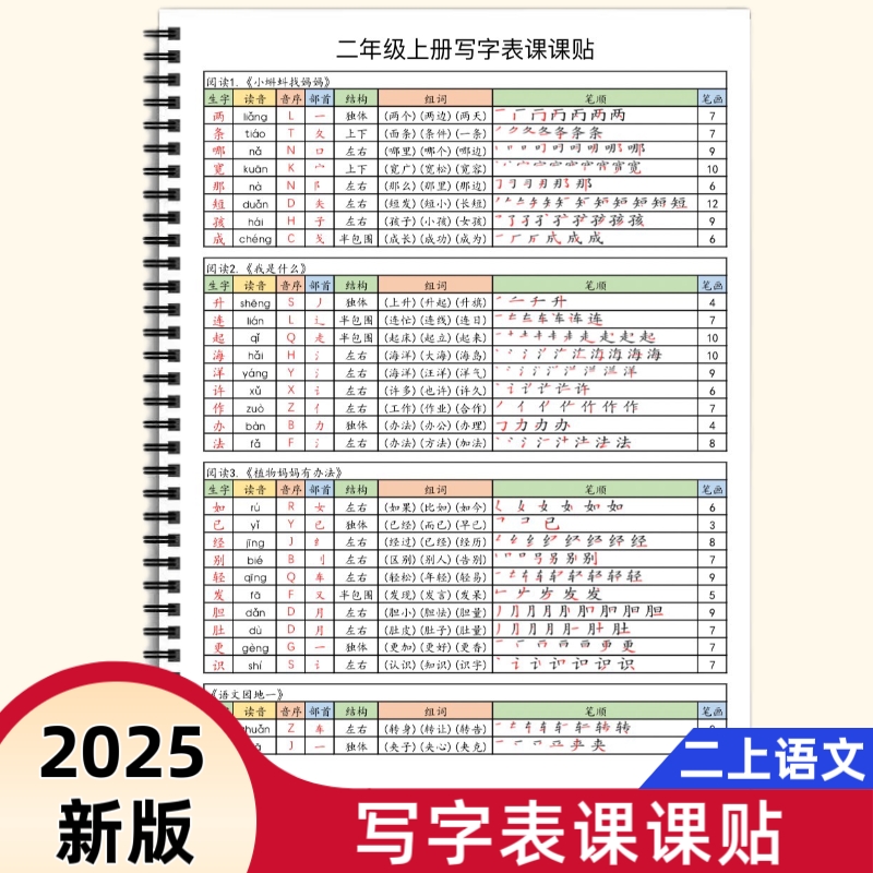 2025秋新版小学二三年级上册语文写字表课课贴同步课内生字组词拼音结构部首课前预习课后巩固
