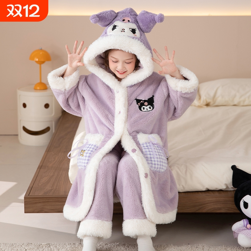 女童睡袍儿童秋冬季家居服女套装