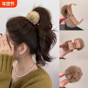 秋冬毛绒发夹高马尾抓夹女后脑勺小号鲨鱼夹发饰夹子头饰发卡短发