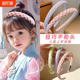 韩系蓝色格纹不勒头高颅顶宽边发箍女夏日常外戴头箍不勒头