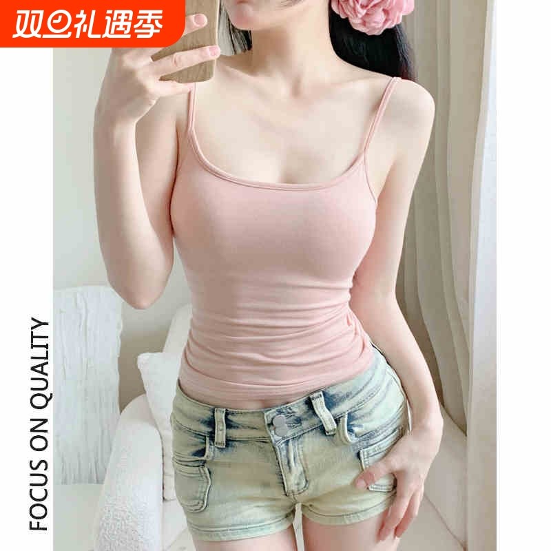 带胸垫小吊带背心女春夏季紧身粉色纯欲打底美背内搭外穿上衣