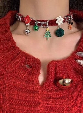 圣诞节红色毛绒项链~铃铛圣诞树麋鹿雪花choker项圈锁骨链颈链女