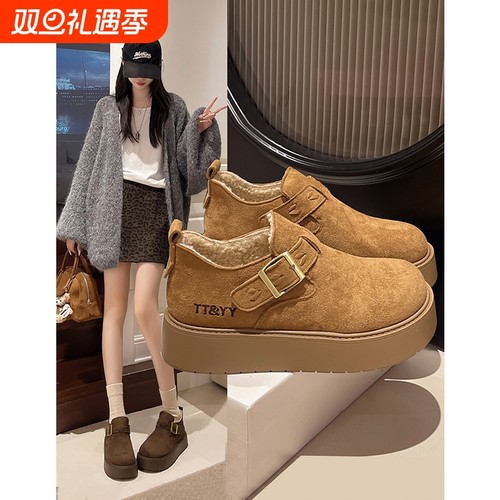 厚底加绒勃肯鞋女保暖雪地靴2025新款冬季一脚蹬乐福鞋低帮棉鞋子