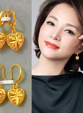 香港免税黄金色耳环女中老年人桃心耳钩耳坠耳饰纯真耳钉送妈妈