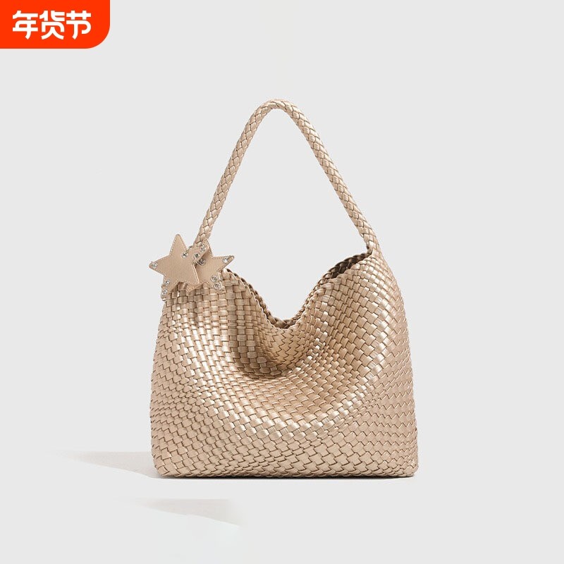 编织手提包女士钱包素食皮革单肩手提包-时尚夏季海滩手提包-大号