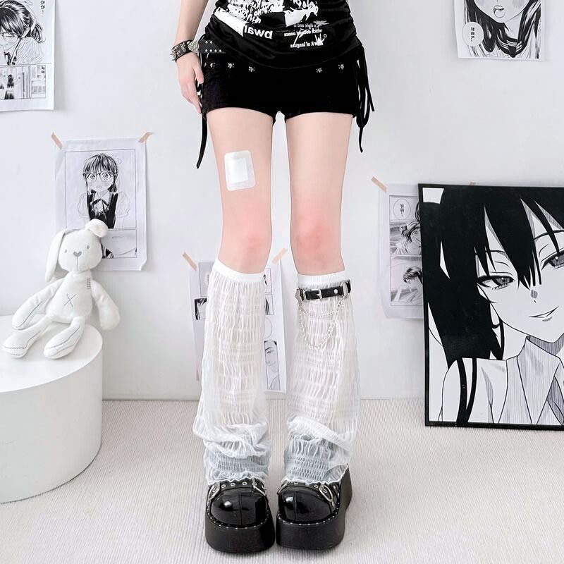 个性腿环堆堆中筒雪纺袜链条皮扣阔腿袜套女y2k亚文化喇叭腿套