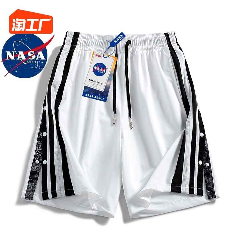 NASA联名腰花果排扣短裤男士休闲篮球运动五分中裤子宽松夏季薄款_虎窝淘