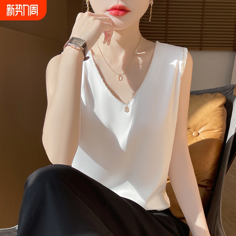 2025年夏季新款缎面吊带背心女宽肩带V领带吊坠西装内搭无袖上衣