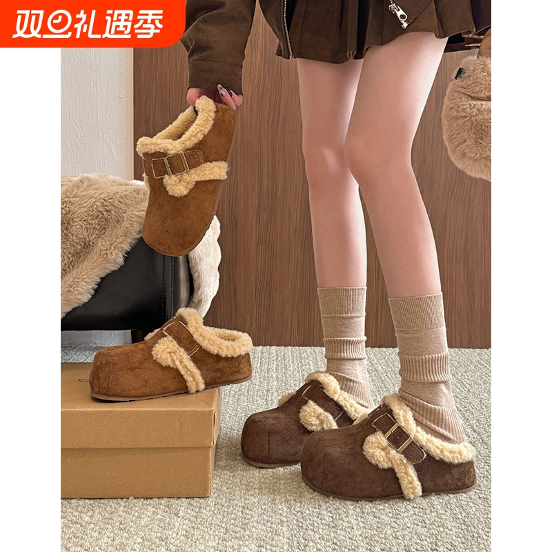 贾不假勃肯鞋女2025新款秋冬季棉鞋子加绒加厚毛绒包头半拖鞋外穿