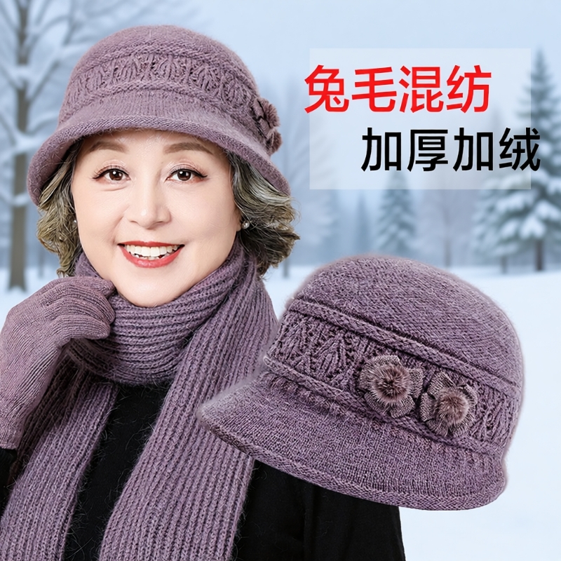 中年妈妈帽子女冬季加绒保暖毛线帽中老年人奶奶老人棉帽围巾红色