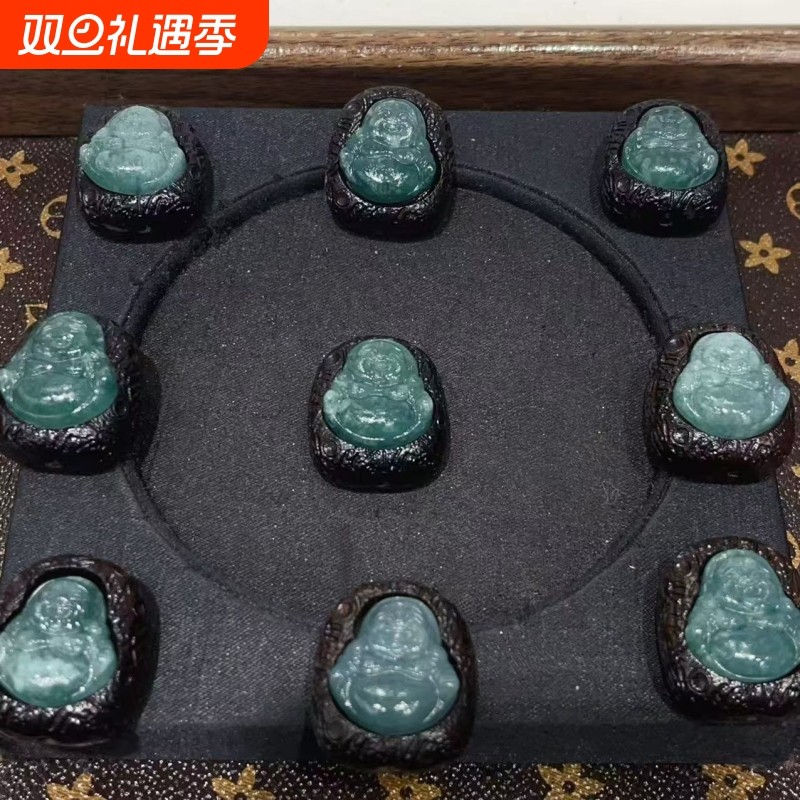 黑檀镶嵌蓝翡翠笑面佛diy配件手工编织手绳项链挂件文玩佛珠手串