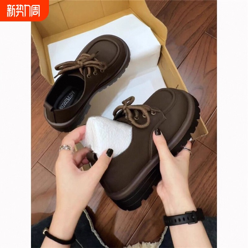 蔻孜真皮厚底乐福鞋女春秋季2025新款百搭单鞋系带英伦风小皮鞋