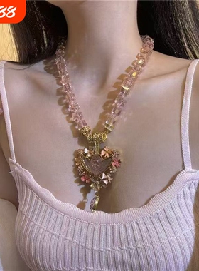 中古vintage睡梦天使吊坠爱心项链女复古珐琅粉色闪钻串珠锁骨链