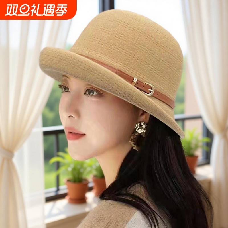 时尚卷边礼帽英伦复古渔夫帽女针织帽子秋冬季圆顶保暖盆帽女洋气