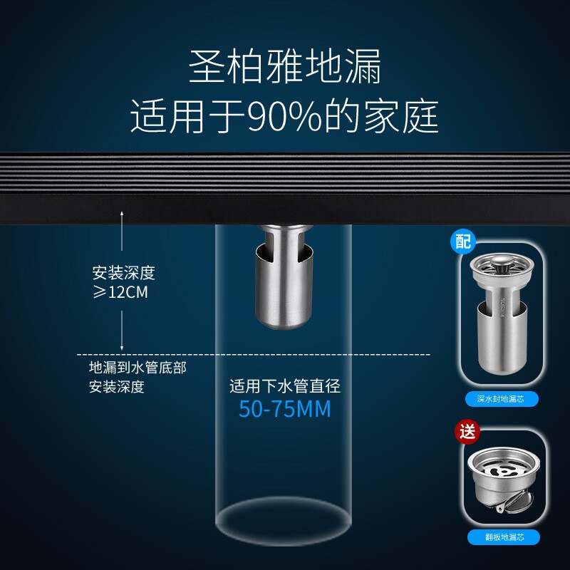 圣柏雅淋浴房黑色地漏 实心竹排不锈钢长地漏304 卫生间防臭地漏